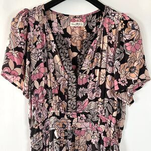 Natural Life Floral Maxi Dress Tiered Pink Floral Prairie Boho Cottage Large